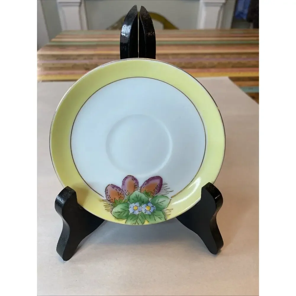 Fern Japan Hand Painted Tea Cup & Saucer Set Of 2 Strawberries Floral 4 PCs